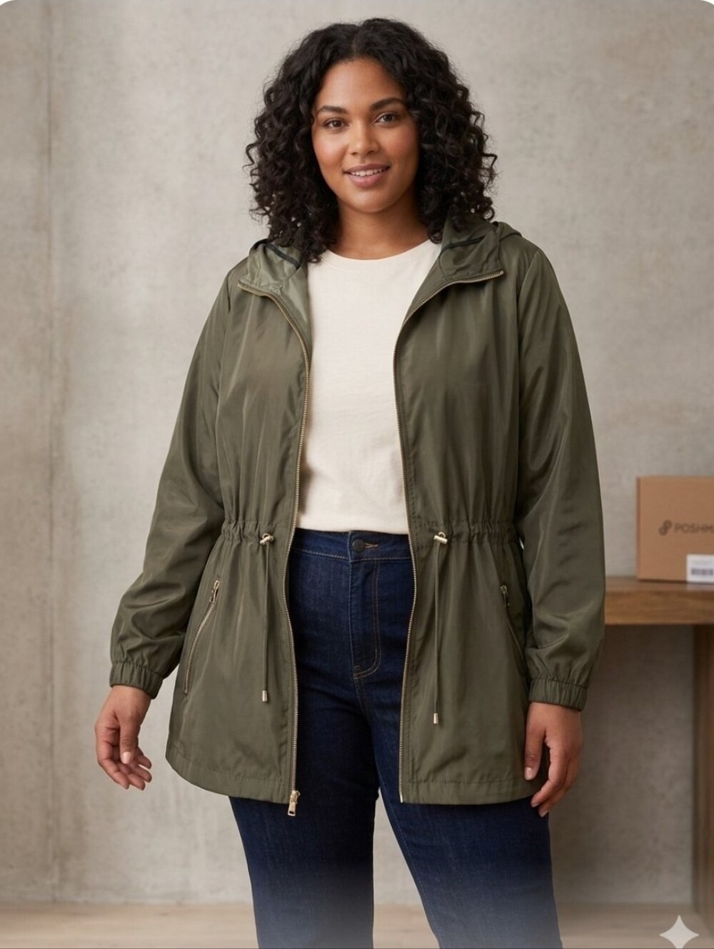 Marc New York Plus Size 3X Olive Utility Rain Jacket Anorak Hooded Gold Zipper